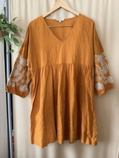 Madewell Linen Blend Embroidered Sleeve Dress Oversized Orange S