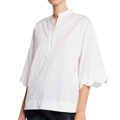 $650 New Escada white Cotton scallop collared button top  blouse 40 10 L