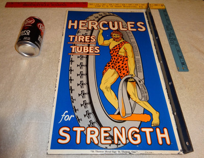 VINTAGE HERCULES TIRES & TUBES PORCELAIN METAL GAS OIL DOUBLE SIDED FLANGE SIGN!