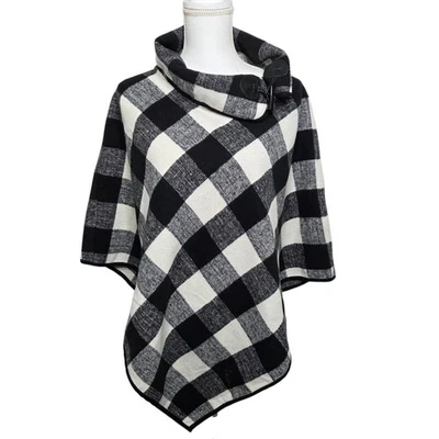 Chico’s Womens Black White Buffalo Plaid Cowl Neck Poncho One Size Cozy Modern - Image 1 of 4