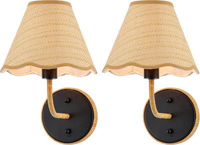 Boho Rattan Wall Sconces Set of 2 - Rustic Black Farmhouse Lamps, UL Listed