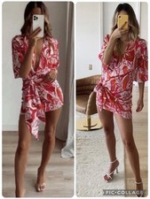 Zara Carla Dress M Pink Orange Satin Paisley Mini Wrap Coquette Party