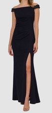 Adrianna Papell Women's Blue Beaded-Trim Off-Shoulder Gown Dress Size 12