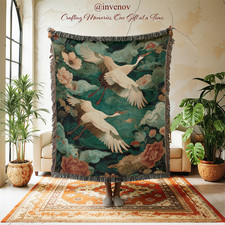 Coperta giapponese in tessuto con gru, arazzo chinoiserie teal peony, asiatico moody