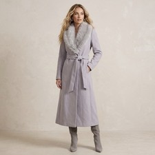 Mango MNG Detachable Faux Fur Collar Longline Wool-Blend Belted Coat in Ice Grey