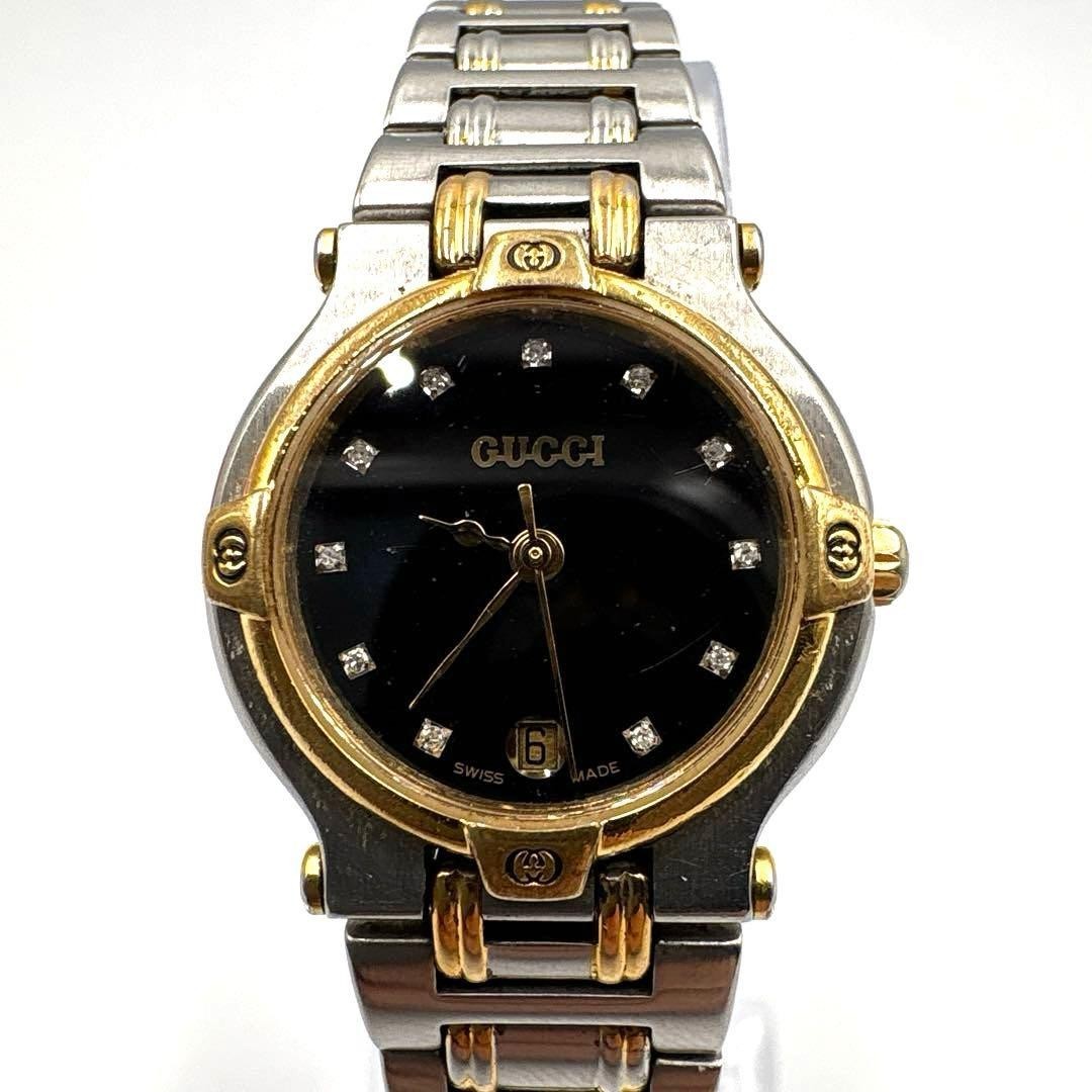 GUCCI 9000L Ladies Quartz Watch Black Dial 12 Diamond Date Silver Bracelet