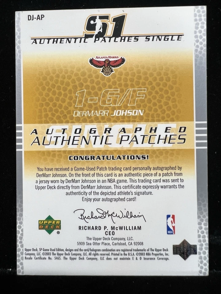 2003-04 SP Gamed Used  Authentic Patches DerMarr Johnson Autograph Auto 10/50 - Image 3 of 3