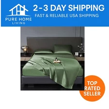 4-Piece King Size Luxury Satin Sheet Set - Olive Green, Wrinkle & Fade Resistant