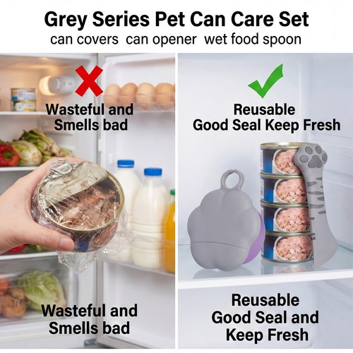 Larrel Cat Food Can Lids & Spoons Set, Lid Cover, Cat-Paw Grey - Picture 5 of 7