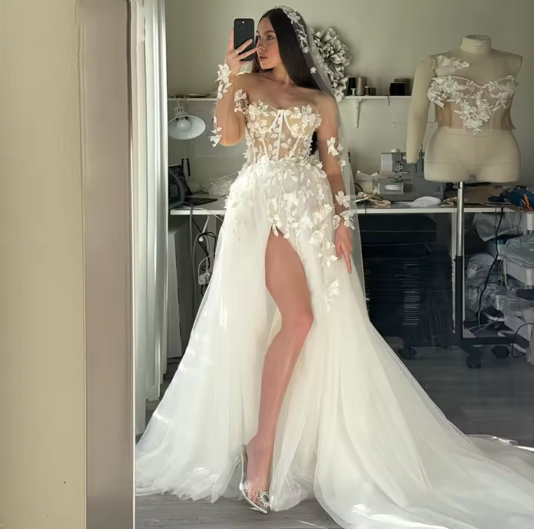 Long Sleeve Puff Sleeve Off The Shoulder Chiffon Wedding Dress