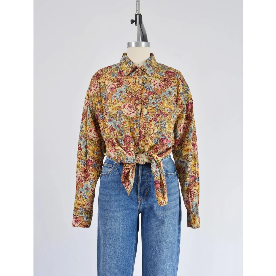 Blusa Floral Tostada Vintage Años 90 Cottagecore Cuello Abotonada Camisa De Gran Tamaño M Foto 3 de 4