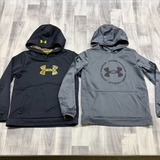   Lot of 2- Boys Youth L Under Armour Graphic Hoodie Sweatshirt Black/Gray/Camo