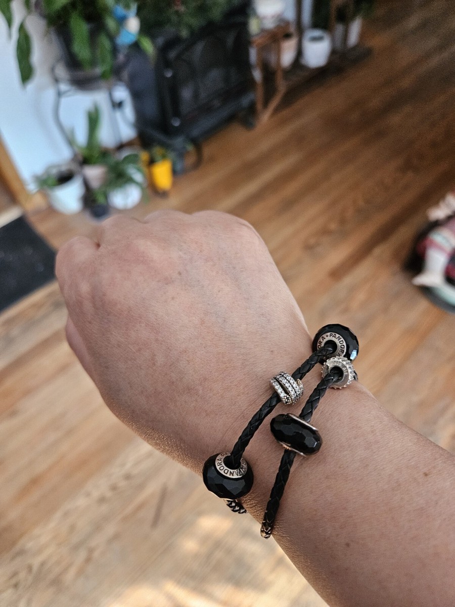 Authentic PANDORA Black Leather CZ 🐍 Charm Bracelet Double Wrap