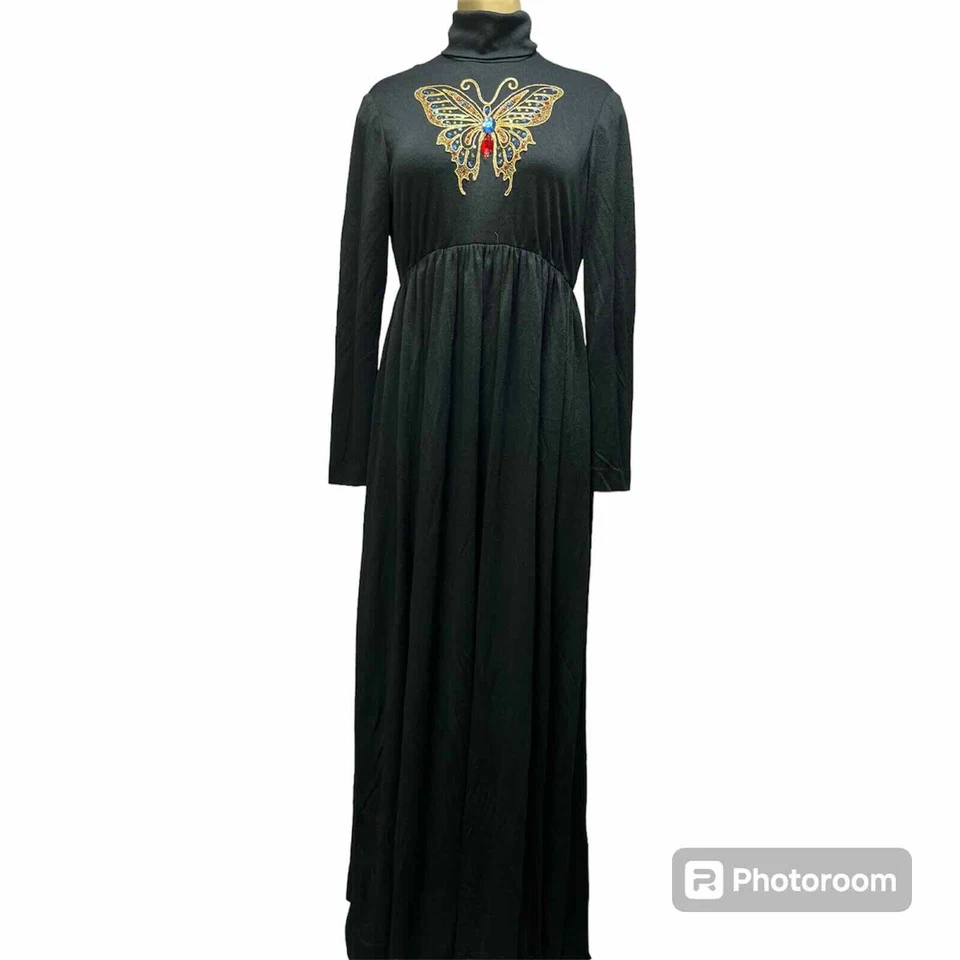 Maxi Vestido De Colección Años 70 Para Mujer S Dorado Mariposa Negro Hecho ILGWU Hada Bruja Foto 2 de 4