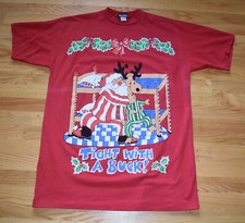 VTG Christmas Santa Reindeer Tight With A Buck T Shirt Single Stitch USA OS