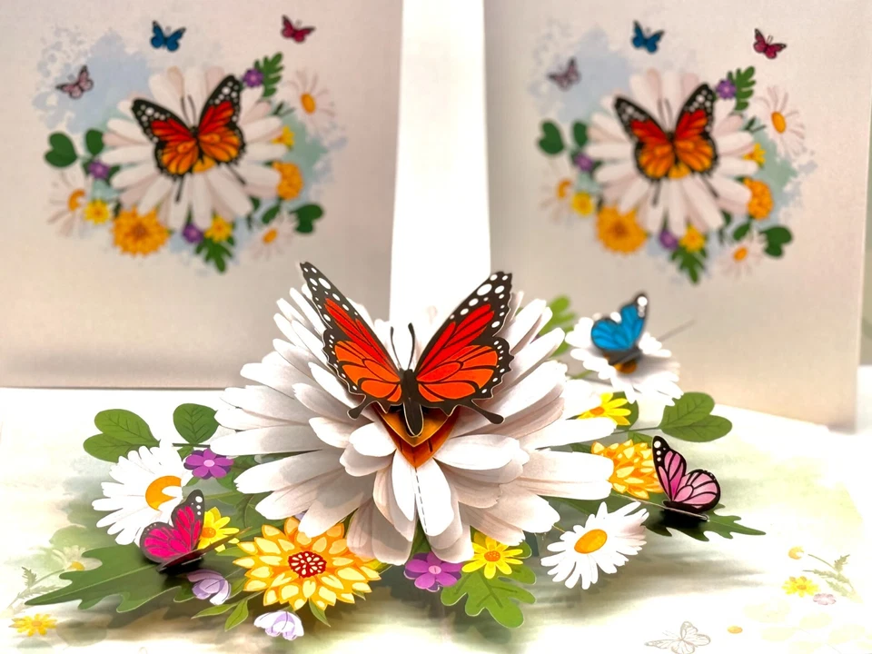 ORIGAMI POP CARDS Butterflies Attracting Daisy Flowers Sympathy Get Well Soon - Image 3 of 4