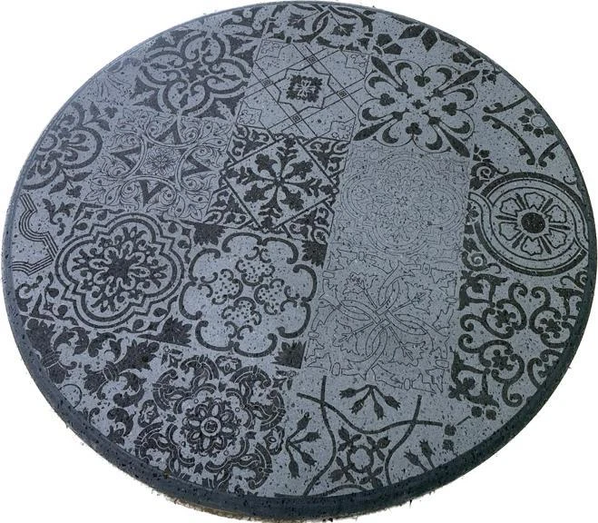 TAVOLO MAIOLICA ROTONDO IN PIETRA LAVICA DECORATO A LASER SPESSORE CM 3 - Immagine 3 di 3