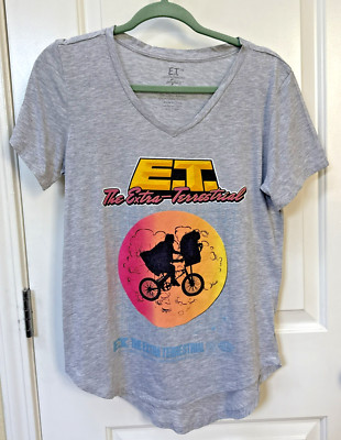 E.T. The Extra-Terrestrial Womens Gray V-Neck T-Shirt Graphic Universal City Fun