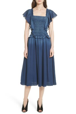 rebecca taylor la vie denim dress REBECCA TAYLOR La Vie Navy Wash Tissue Denim Smocked Midi Dress L = 10/12  NEW