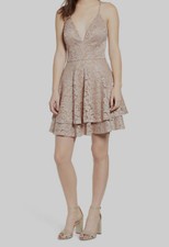 $295 Emerald Sundae Womens Juniors Beige Lace Floral V-Neck Fit-&-Flare Dress M