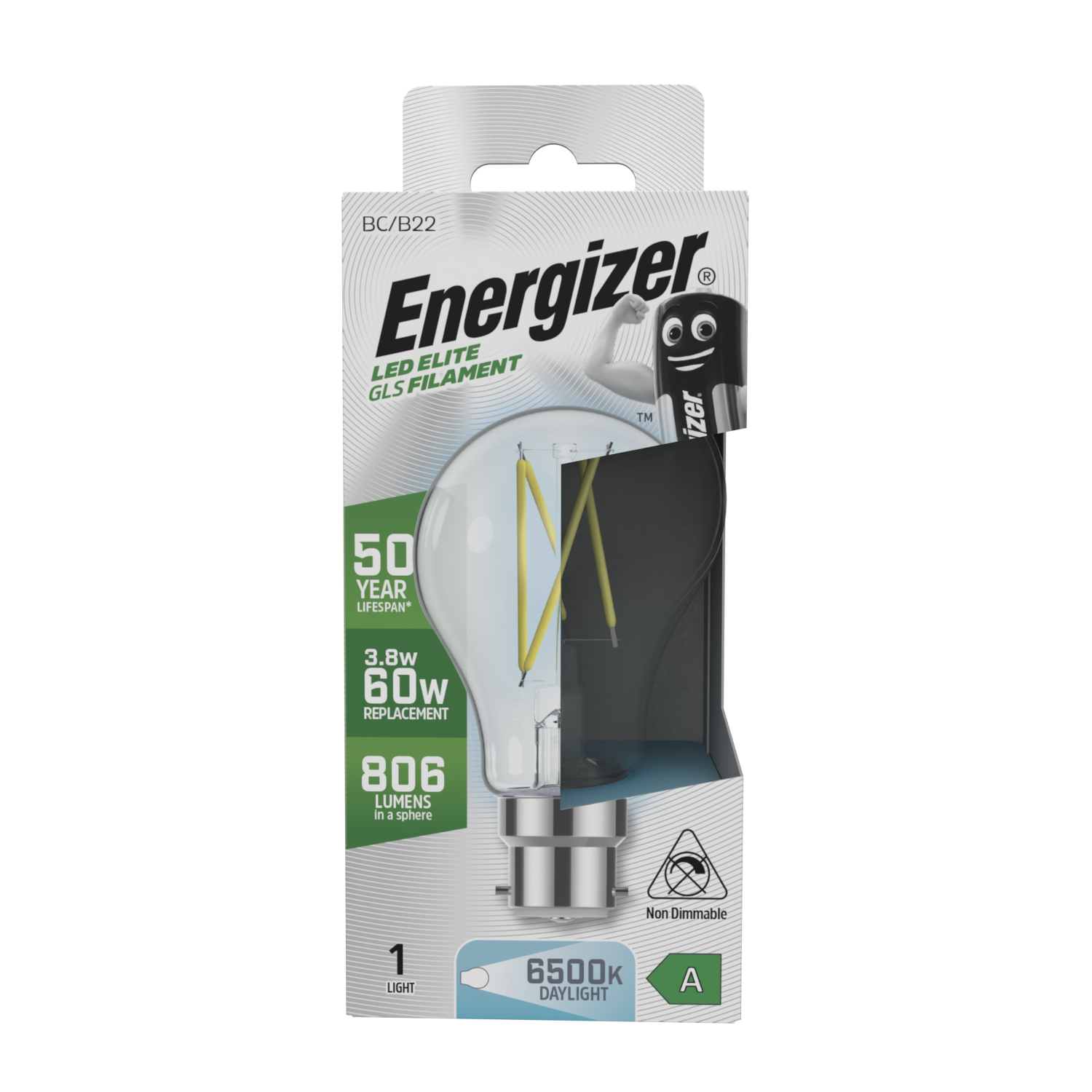 Energizer LED B22 GLS Light Bulb 3.8W A Rated Energy Efficient Filament 6500K