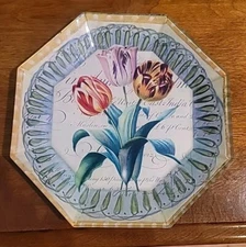 VINTAGE SIGNED JOHN DERIAN OCTAGONAL DECOUPAGE GLASS BOTANICAL PLATE 8.5" TULIPS