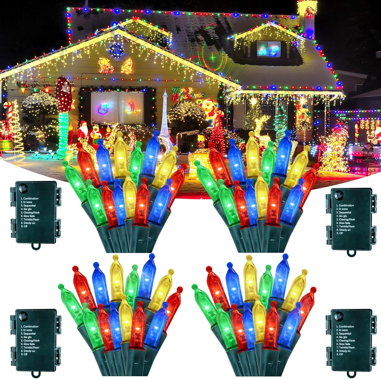 4 Pack 50 LED Christmas Lights Batter Operated, 16FT Waterproof Fairy Twinkle St