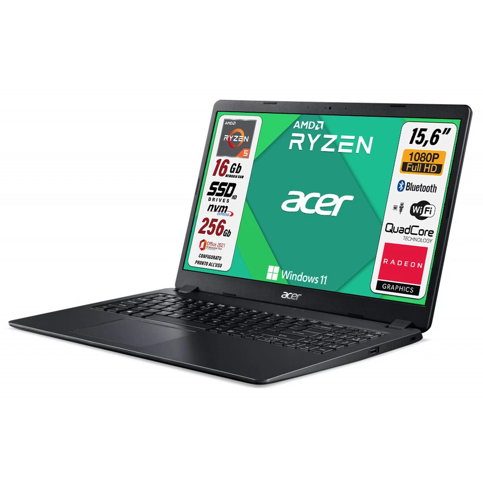 Acer Aspire Ryzen 5 3500U SSD 256 GB RAM 16 GB 15,6 FHD Radeon Office21 Win11Pro - Immagine 3 di 4