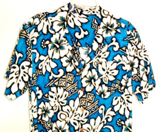 Vintage Shirt TRIPLE CROWN OF SURFING Blue Hawaiian Aloha Barkcloth M USA floral