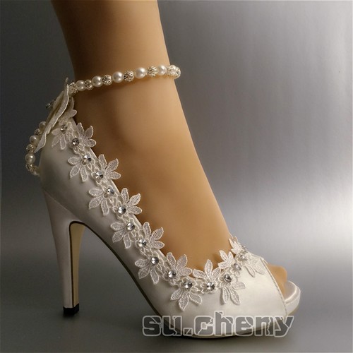 Zapatos de boda su.cheny 3"" 4"" tacón satén blanco marfil encaje tobilla puntera abierta talla - Imagen 29 de 29