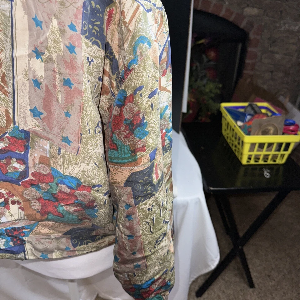 Винтажный шелк куртка женщин маленький 80-х 90-х печать синий зеленый ржавчины Fuda International - Изображение 4 из 4