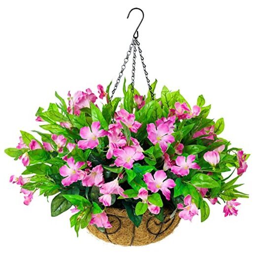 Artificial Faux Plants Flowers Hanging Basket for Outdoors Spring Pink
