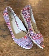 Coach And Four Lucine Stripe Peep Toe Espadrille Wedge Shoes Size 8