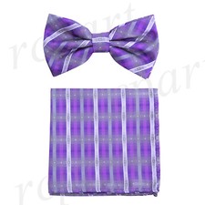 New Men Pre-tied Bow tie  hankie lavender white stripes striped formal wedding