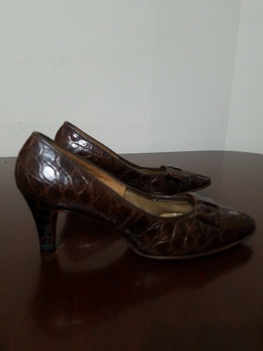 Vintage Reptile Leather Heels 1960s womens Brown Pumps 8 Concerie Riunite GB SER - Picture 5 of 12