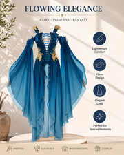 Women's Medieval Renaissance Blue Costume Dress A Line Wide Skirt Chiffon Sleeve