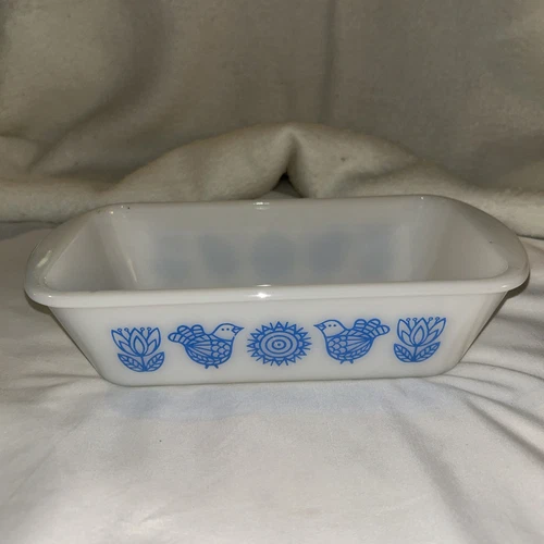 Vintage Glasbake Blue Birds and Flowers J522 1.5 Qt Loaf Pan White Milk Glass