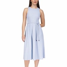 Michael Kors Smocked Tie-Waist Midi dress pastel blue NWT Retail $175 - PXS