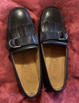 Tod's Kiltie Fringe Leather Loafers in Black 8 No Rubber Horseshoe On Bottom )