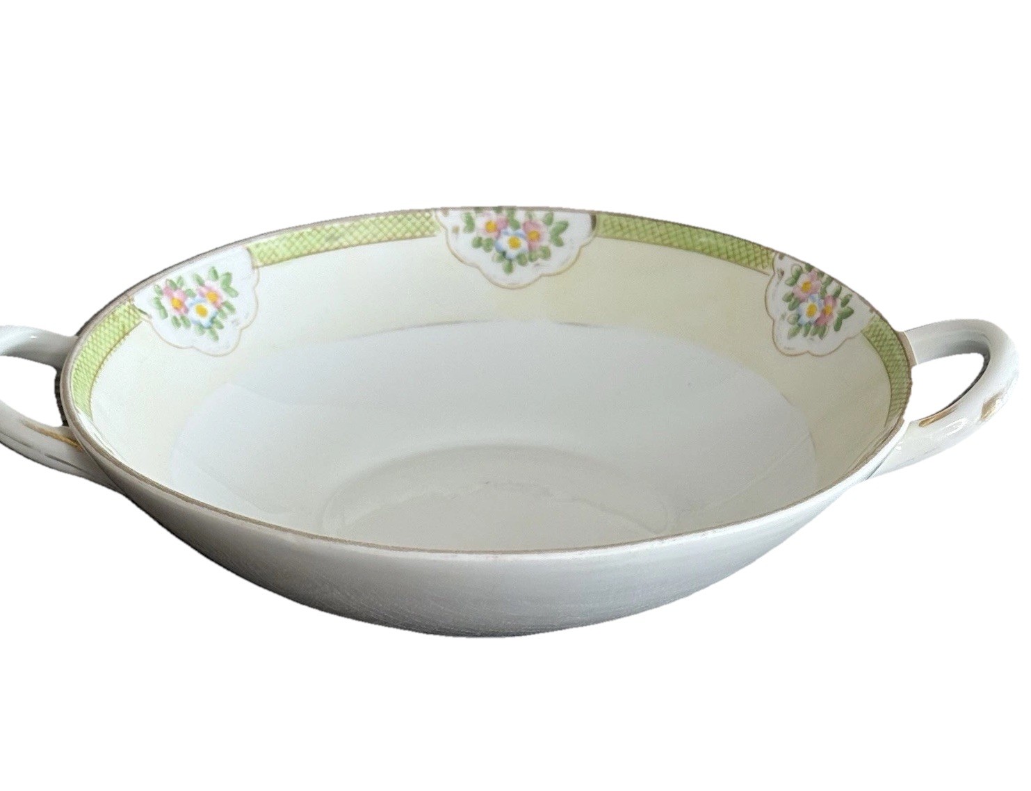 Antique Hand Painted Nippon Serving bowl floral 9”dia With Handles Gold Accent