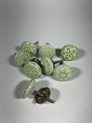 Lot 8 Mandala Green & White Knobs Cabinet Cupboard Wardrobes Drawer Pulls Boho