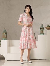 Women's Floral Cotton Maxi Dress Fit & Flare Tiered Belted Casual Shirt Dress