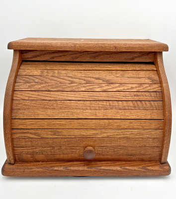 VTG Oak Wooden Roll Top Bread Box Country Kitchen Countertop Storage