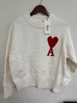 AMI Paris Ami de Coeur RED AMI Big Heart Heavy Weight Sweater Knit White Size S