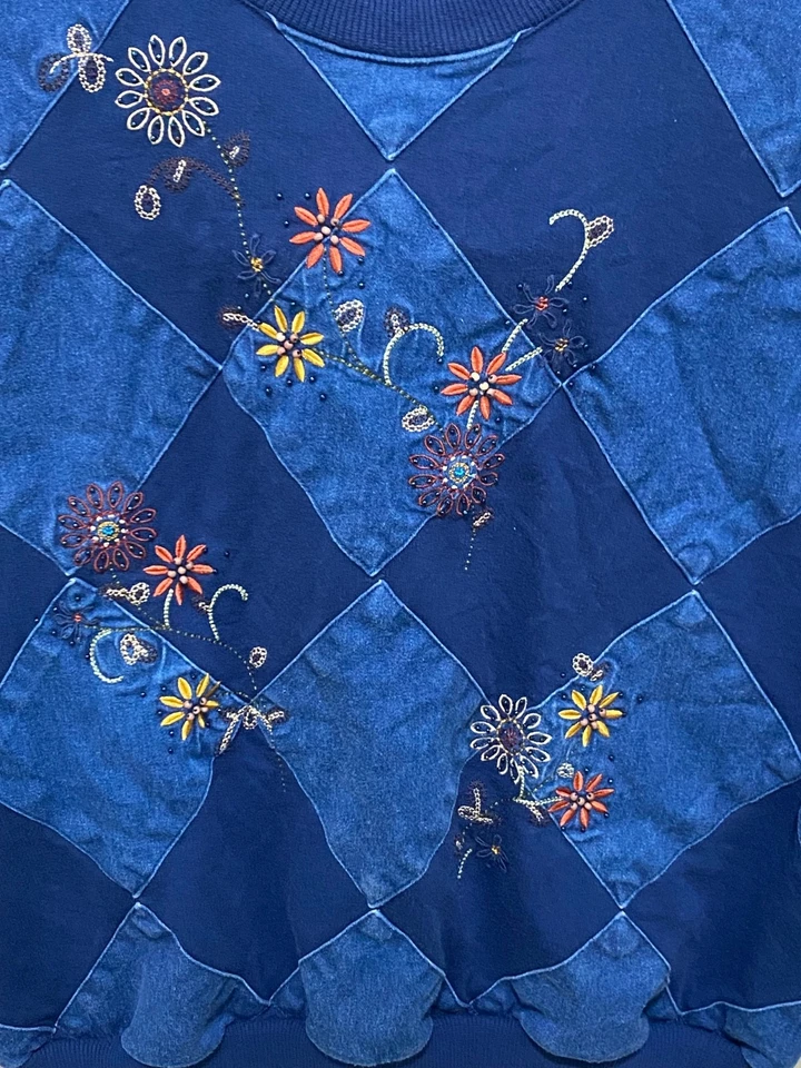 Винтажный свитер Alfred Dunner темно-синий/джинсовая вышивка цветочный размер маленький большой - Изображение 4 из 4