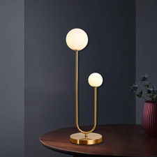 Mid Century Gold Globe Table Lamp with Milk White Glass Shade - 2-Light Design