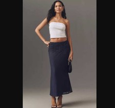 New M Maeve x Anthropologie Ruched yoke column maxi skirt in Navy Storm
