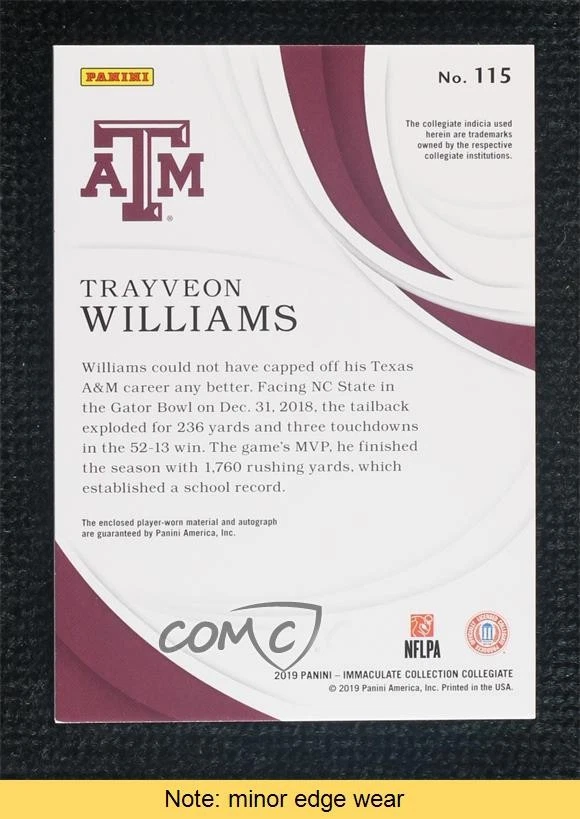 2019 Panini 1/1 Trayveon Williams #115 RPA Rookie Patch Auto Tag RC READ 07o4 - Image 2 of 3