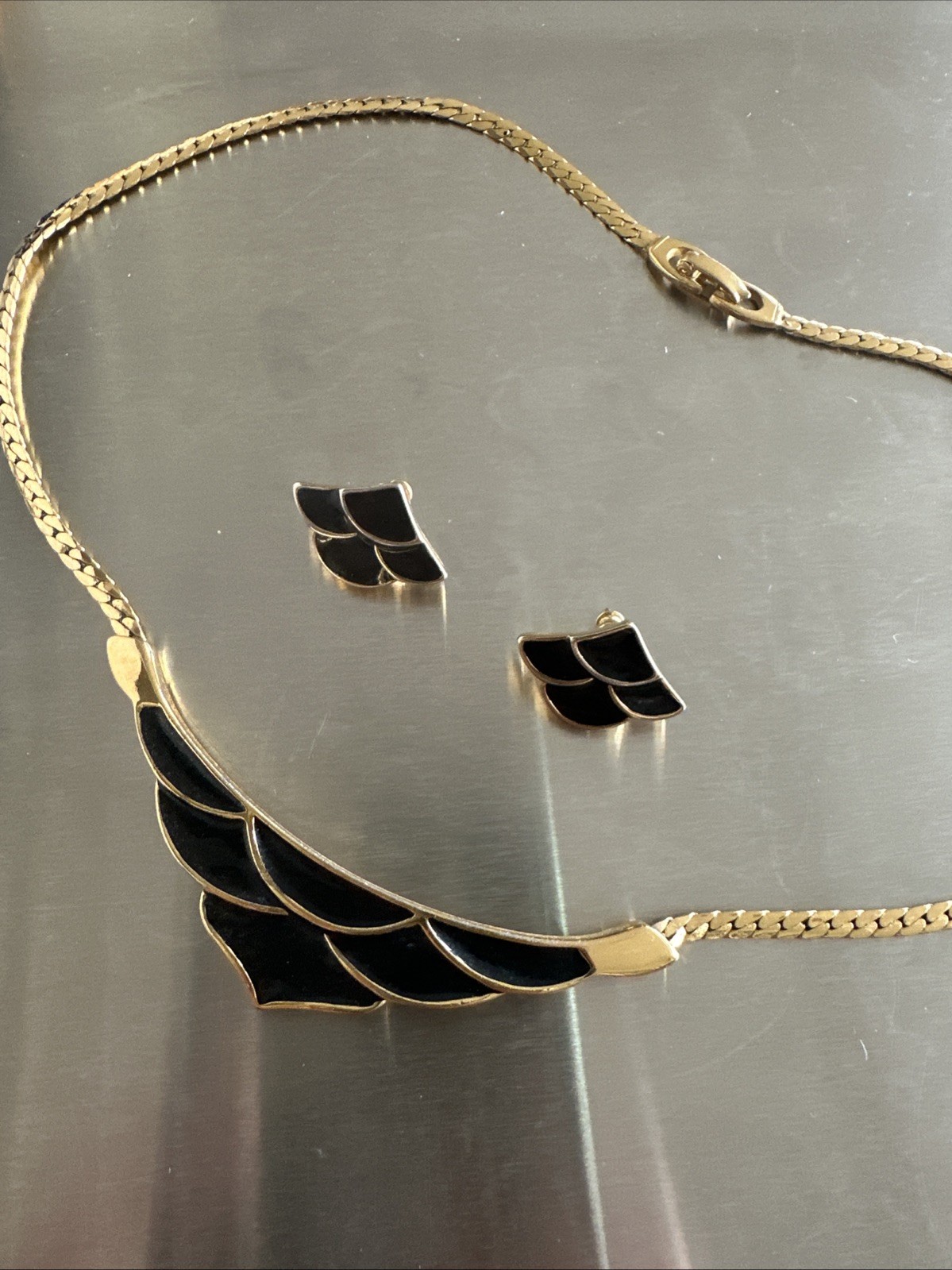 Vintage Monet Black Enamelled Choker Gold Tone with Matching Stud Earrings VGC