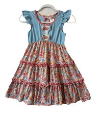 Jona Michelle Floral Stripe Bow Ruffle Dress Girls 8 Boho Cottage Easter Summer